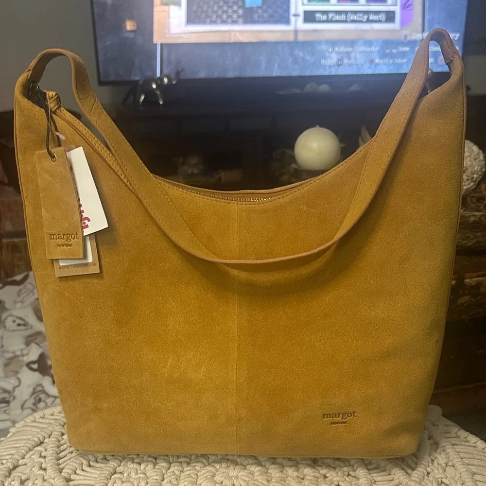 NWT- Margot New York Suede Leather Tan Shoulder Hobo Bag. New With Tags. - Picture 11 of 16